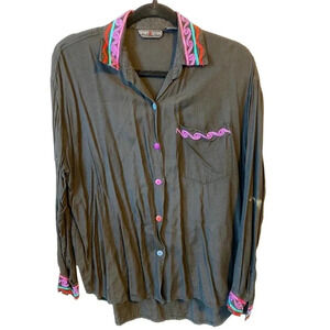 Vtg 90s Sport Seven Multi Color Embroidery Button Up Shirt Women Sz S Oversize